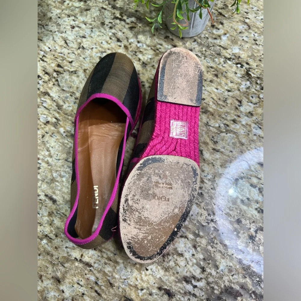 Fendi Pequin Striped Canvas Espadrille Flat, Pink Black Brown 39